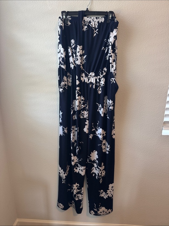 Lane Bryant Pants - Lane Bryant Navy and White Floral Strapless Wide-Leg Jumpsuit